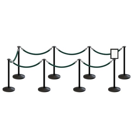 MONTOUR LINE Stanchion Post and Rope Kit Black, 8FlatTop 7Green Rope 8.5x11V Sign C-Kit-7-BK-FL-1-Tapped-1-8511-V-7-PVR-GN-PS